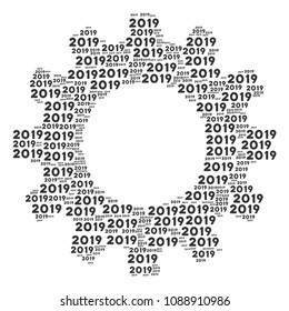 Vector 2019 year text icons are arranged into gear wheel mosaic. Equipment design concept constructed of 2019 year text elements.