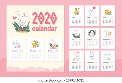 Vector 2020 baby calendar design template with cute white bunny animal character & little yellow duck walk, stand, sit. Hand drawn style, pastel color. Also for baby shower, happy birthday card, print