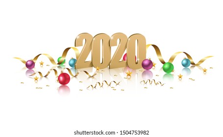 Vector 2020 banner with golden 3d letters, sparkles, ribbons and christmas colorful balls with reflection. Isolated on white background. Easy copy paste design element. With space for your text.