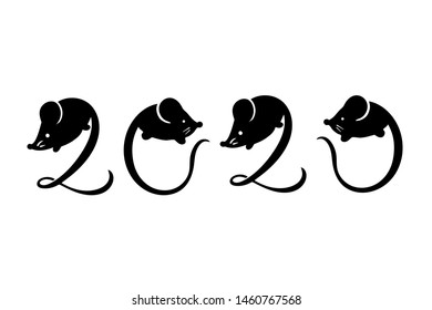 Vector 2020 Chinese New year with rats on numbers illustration. Hand drawn design for holiday cards, new year party invitation. Cute design with mouses symbol of 2020 year, funny animals with tails