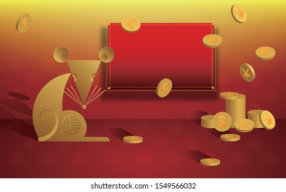 Vector 2020 Chinese New Year greeting card background concept. Year of the rat, Asian Lunar Year. Zodiac golden rat and Gold coin money. 