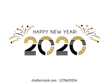 Vector 2020 Happy New Year sign with golden glitter texture. Illustration phrases with fireworks and Christmas stars on a white background. Greeting card design.