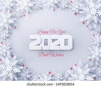 Vector 2020 Happy New Year and Merry Christmas background with realistic looking paper cut 3d snowflakes. Seasonal holidays white paper style greeting card