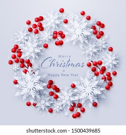 Vector 2020 Happy New Year and Merry Christmas background with paper cut snowflakes and red holly berries branches decoration in Christmas wreath. Seasonal holidays banner