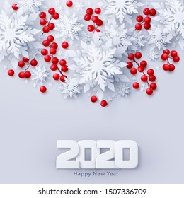 Vector 2020 Happy New Year and Merry Christmas background with paper cut layered snowflakes and red holly berries decoration. Seasonal holidays banner
