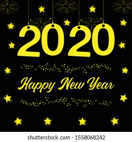 Vector 2020 Happy New Year Background With Golden Text , Number , Sunburst And Stars / Illustration