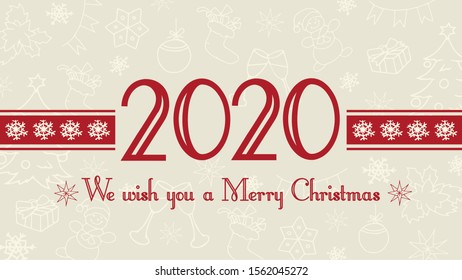 Vector 2020 Happy New Year background. Merry Christmas and Happy Holidays web banner, text label with snowflakes, winter theme doodles illustration. Greeting card template, flat pastel design.