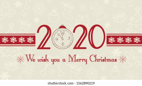 Vector 2020 Happy New Year background. Merry Christmas and Happy Holidays web banner, text label with snowflakes, winter theme doodles illustration. Greeting card template, flat pastel design.