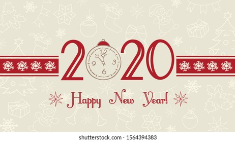 Vector 2020 Happy New Year background. Merry Christmas and Happy Holidays web banner, text label with snowflakes, winter theme doodles illustration. Greeting card template, flat pastel design.