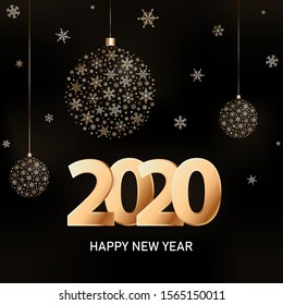 Vector 2020 Happy New Year trendy greeting card. Xmas minimal luxury concept. Golden balls of snowflakes and glitter decor. Bright Christmas hanging balls and text on black background. 