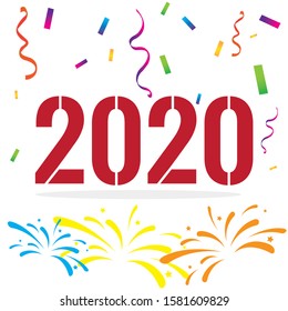 Vector 2020 Happy New Year design with colorful ribbons and firework