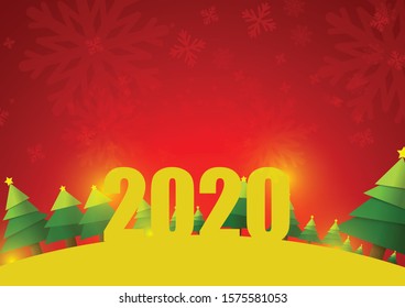 Vector : 2020 with lightbulbs and christmas tree on red background