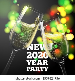 Vector 2020 New Year Banner with transparent champagne glasses on bright background with blurred xmas tree.
