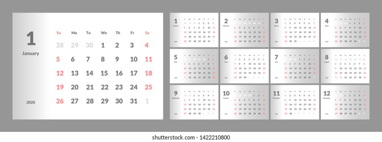 Vector of 2020 new year calendar in clean minimal table simple style. Week Starts Sunday.