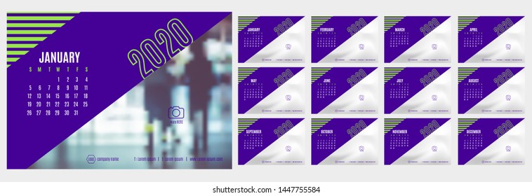 Vector 2020 new year calendar planner template in table simple style green and dark purple color,Holiday event planner,Week Starts Sunday.12 month layout annual calender.timetable for diary