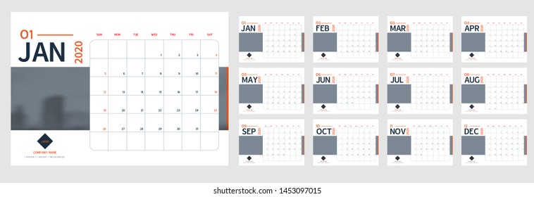 Vector 2020 Kalender-Vorlage für das neue Jahr in minimaler Tabelle schlicht schlichte Stil blau und grau, orange,Feiertagsplaner,Week Starts Sonntag.12 Monatslayout Jahreskalender.Zeitplan für Tagebuch