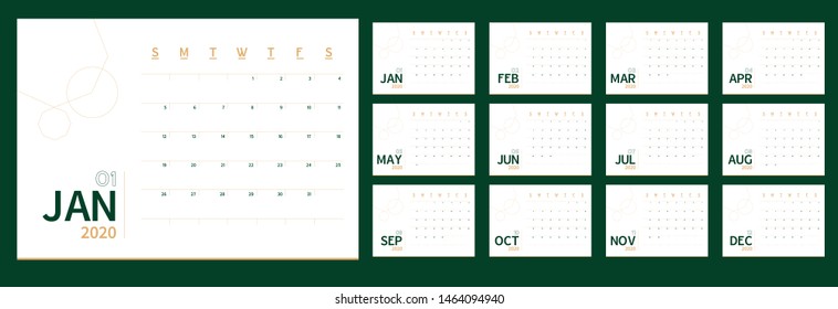 Vector 2020 new year calendar planner template in minimal table simple style green and gold color, ecology Holiday event planner,Week Starts Sunday.12 month layout annual calender.timetable for diary