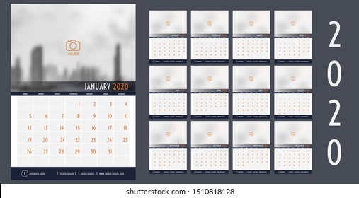 Vector 2020 new year calendar planner template table simple style navy blue and orange,Holiday event planner,Week Starts Sunday.12 month layout annual calendar