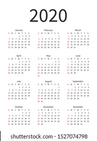 Vector of 2020 new year calendar in clean minimal table simple style 
 Week starts from Sunday. Calendar design in black and white colors, holidays in red colors.