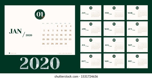 Vector 2020 new year calendar planner template in minimal table simple style with marble month texture number,Holiday event planner,Week Starts Sunday.layout annual calender.timetable for diary