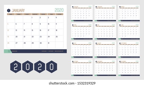 Vector of 2020 new year calendar in modern clean table simple style with blue gold green color,Holiday event planner,Week Starts Sunday.desk calender layout annual calender.timetable for diary