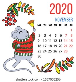Vector 2020 new year calendar of november month for kids with cute funny mouse with a bell. hand drawn illustration. desktop decoration, mobile app, wallpaper.