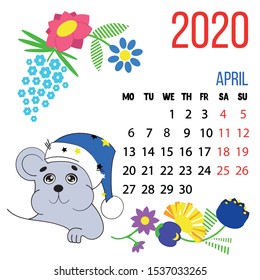 Vector 2020 new year calendar of april month for kids with cute funny mouse sleeping in a cap. hand drawn illustration. desktop decoration, mobile app, wallpaper.