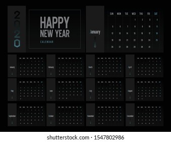 Vector of 2020 new year calendar in dark clean minimal style, black and blue gradient color,Holiday event planner