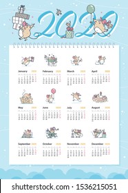 Vector 2020 new year creative monthly calendar for kids with cute funny mice animals characters hand drawn illustrations design template. Pastel colours cards. Desktop, print.