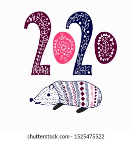 Vector 2020 New Year Greeting Card. Funny hedgehog and 2020 hand lettering.  