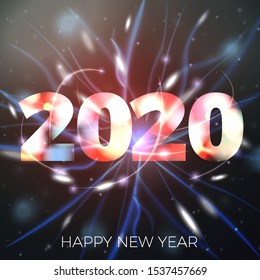 Vector 2020 New Year illustration on bright bokeh background with blurred lights.