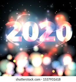 Vector 2020 New Year illustration on bright bokeh background with blurred lights.