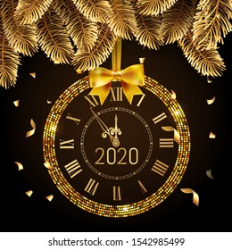 Vector 2020 shiny New Year Golden Clock or watch in black background with golden fir tree branch and ribbon with confetti. Vintage elegant luxury gold clock midnight New Year. Vector illustration 