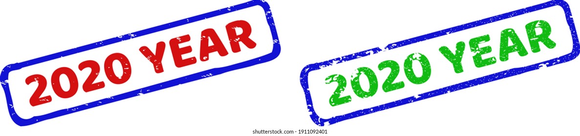 Vector 2020 YEAR framed watermarks with scratched surface. Rough bicolor rectangle seal stamps. Red, blue, green colors used.