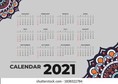 Vektorgrafik 2021 Kalender mit mandala Design. Einzeln mit grauer Farbe. 