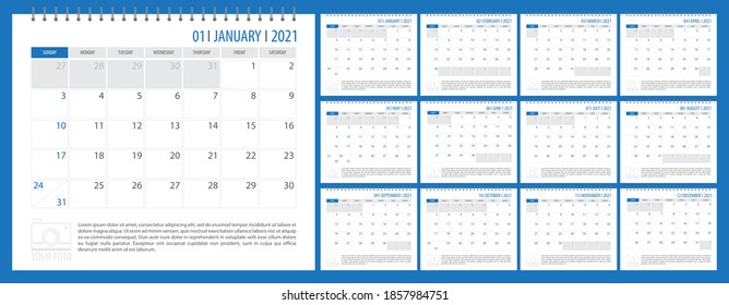 Vector 2021 calendar planner template for office and print, Sunday week start, color illustration