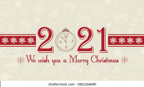 Vector 2021 Christmas background. Happy New Year, winter holidays web banner, text label with snowflakes, winter theme doodles illustration. Greeting card template, flat pastel design.