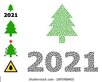 Mosaico del icono del árbol de abetos del vector 2021 coronavirus. El mosaico del árbol de abetos 2021 está construido con pequeños iconos del patógeno del coronavirus. Se construye el collage para los fondos de escritorio de atención de la salud.