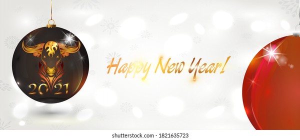 Vector 2021 Happy New Year background with Christmas colored balls. Black New Year's ball with a bull. Design for greeting card, invitation or flyer template.