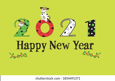 Vector 2021 happy new year and a  cow  zodiac symbol, idea for greeting card, wrapping, nursery