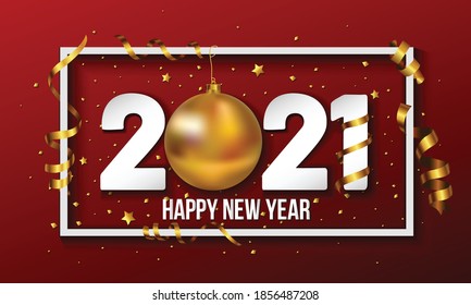 Vector 2021 Happy New Year background with golden christmas ball bauble and stripes elements