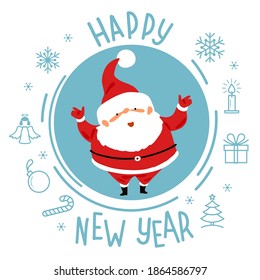 Vector 2021 Happy New Year background . Santa claus with a medical mask on their face. Сhristmas card. Holiday gift card, Festive poster, web banner, header for website. Winter season with traditional