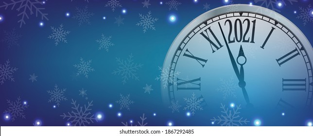 Vector 2021 Happy New Year with retro clock on snowflakes blue background, for your copy space.