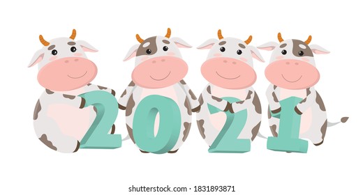 Vector 2021 header with bulls. Cute cows holding numbers. Calendar or postcard concept, isolated on white background