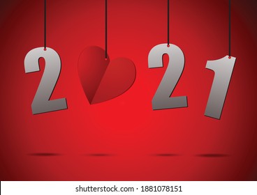 Vector : 2021 label and heart hang with rope on red background
