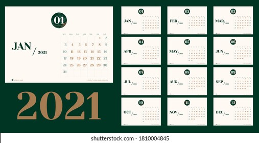 Vector 2021 plantilla de calendario de año nuevo en una tabla mínima estilo sencillo con el número de textura de mes de mármol,Planificador de eventos de vacaciones,Semana empieza domingo.diseño calendario anual.calendario para diario