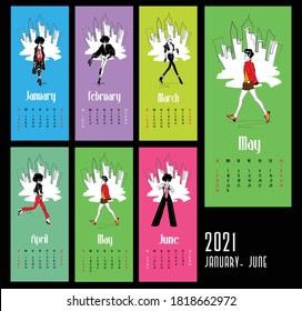 Vector of 2021 new year calendar with fashion women in sketch style.