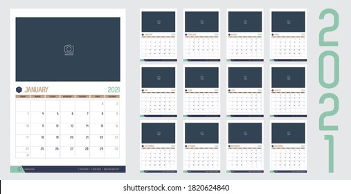 Vector del calendario del año nuevo 2021 en la mesa limpia moderna estilo sencillo con color verde dorado azul,Planificador de eventos de vacaciones,Semana Comienza Domingo.diseño de calendario de escritorio.calendario para diario