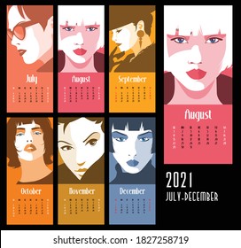 Vector of 2021 new year calendar with fashion women in Pop art style. July-December