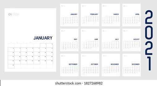 Vector of 2021 new year calendar in modern clean table simple style with blue and peach color,Holiday event planner,Week Starts Sunday.desk calender layout annual calender.timetable for diary